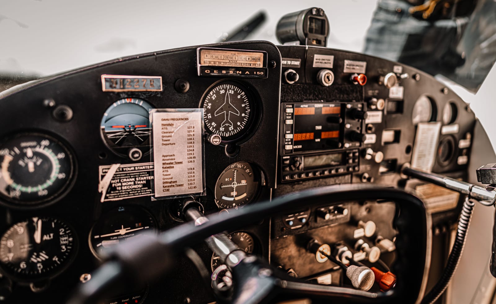 The instrument panel of a light aircraft.